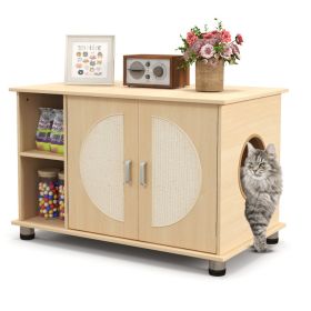 Cat Litter Box Enclosure with Sisal Scratching Doors and Adjustable Metal Feet (Color: Natural)